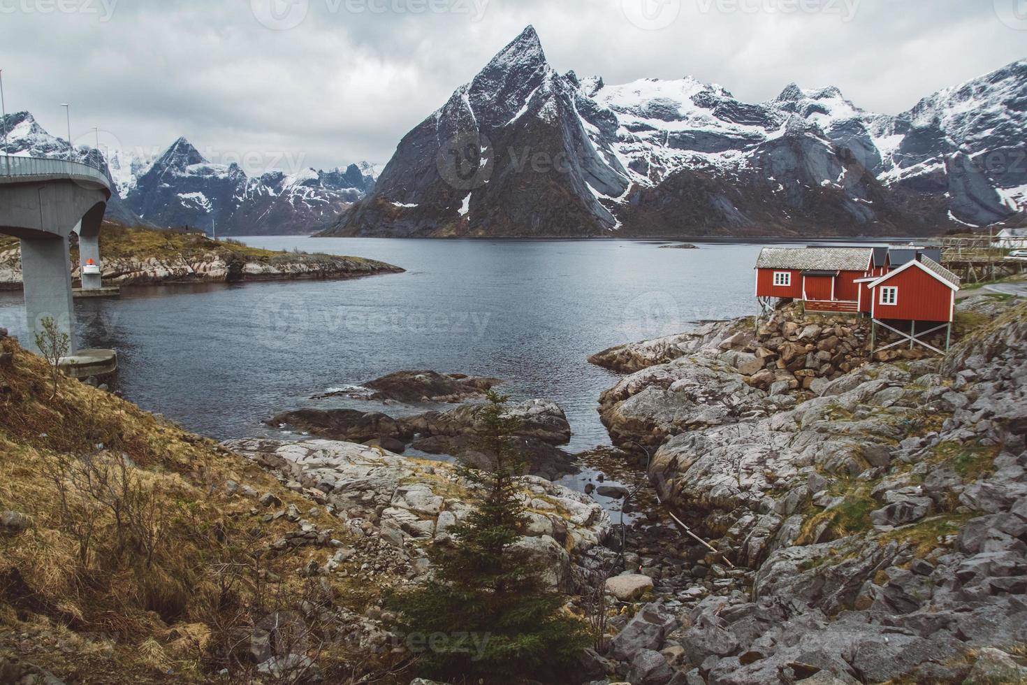 Norway rorbu houses and mountains photo