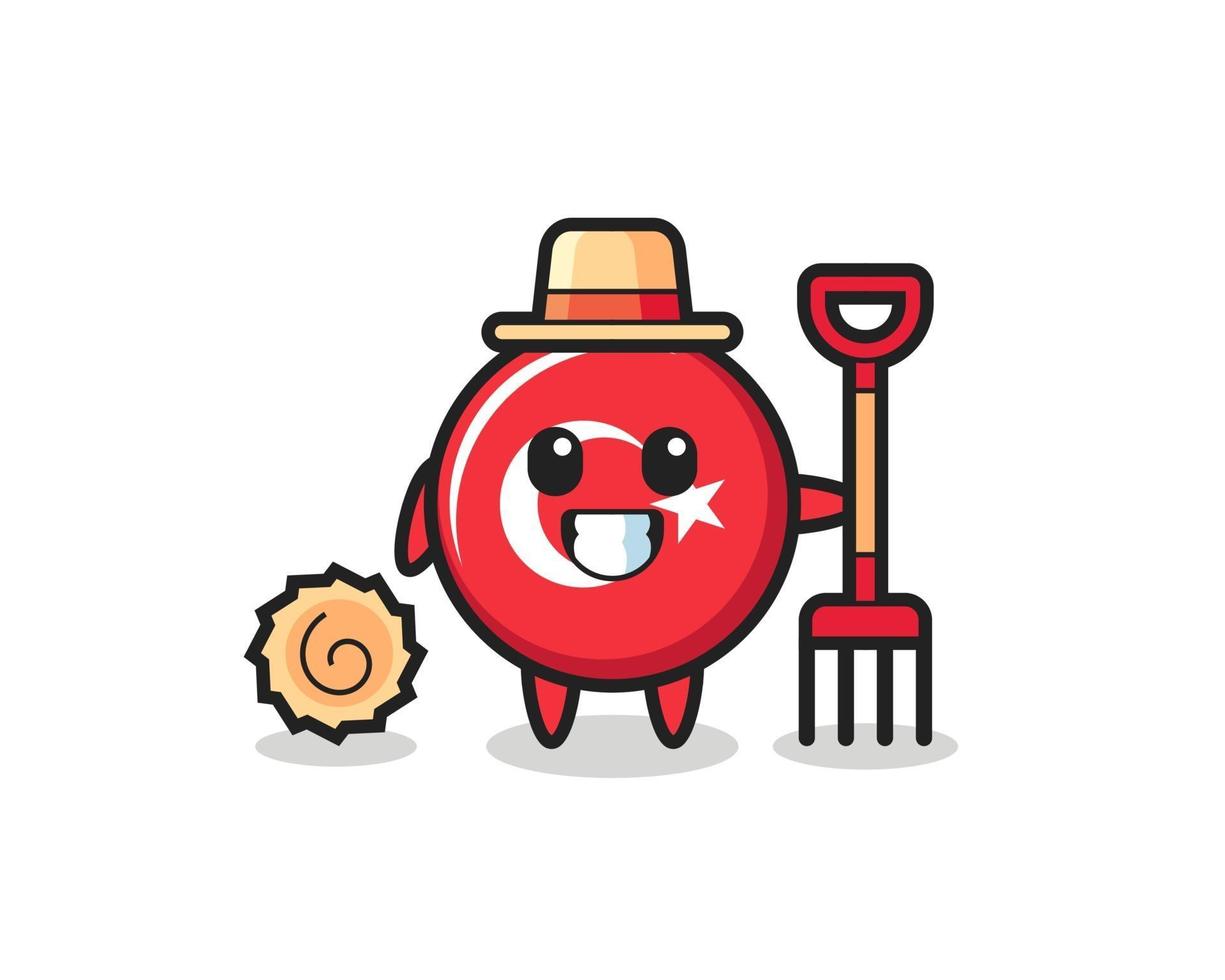 Personaje de mascota de la insignia de la bandera de Turquía como agricultor. vector