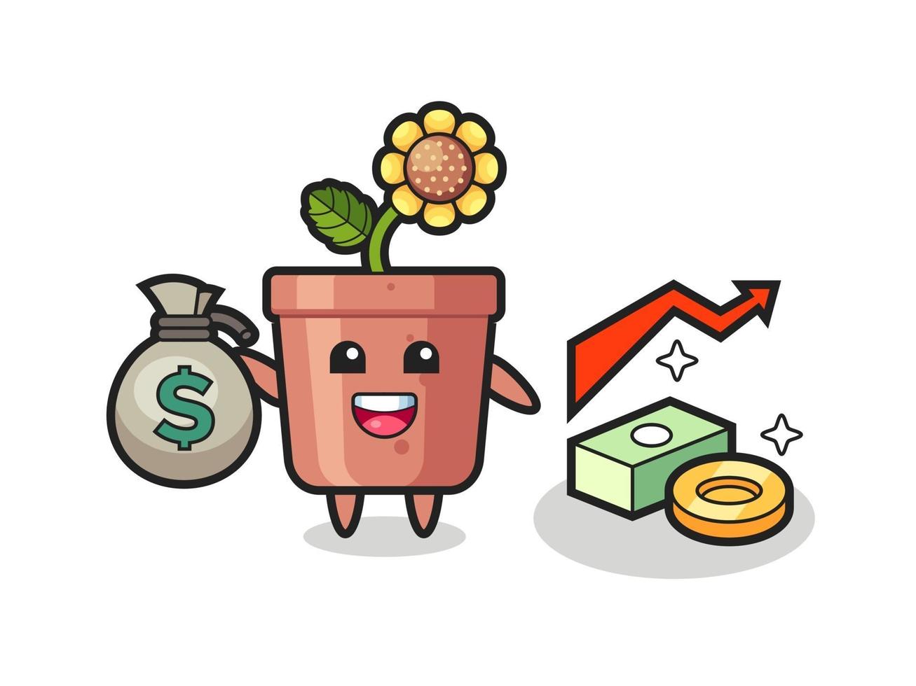 sunflower pot illustration cartoon holding money sack vector