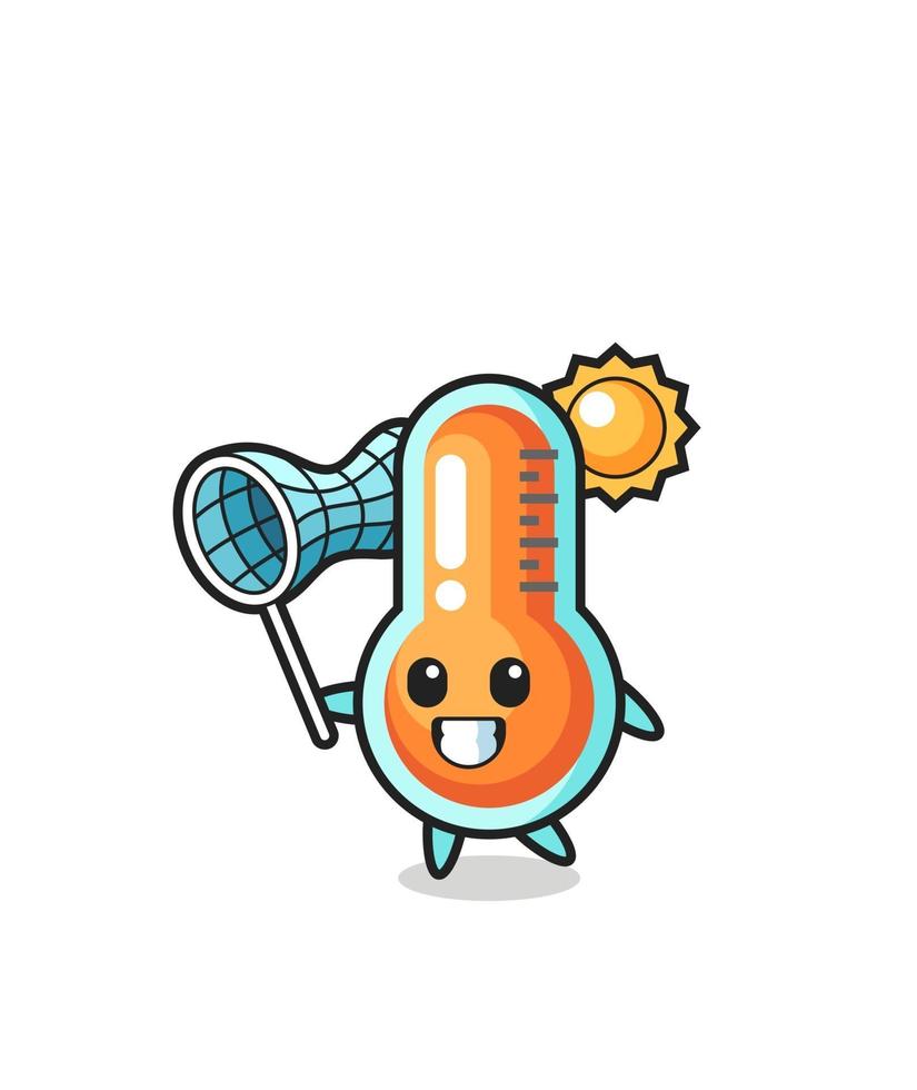 thermometer mascot illustration is catching butterfly vector