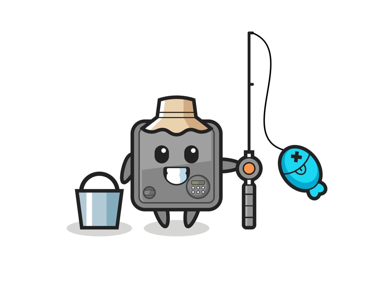 Mascot character of safe box as a fisherman vector