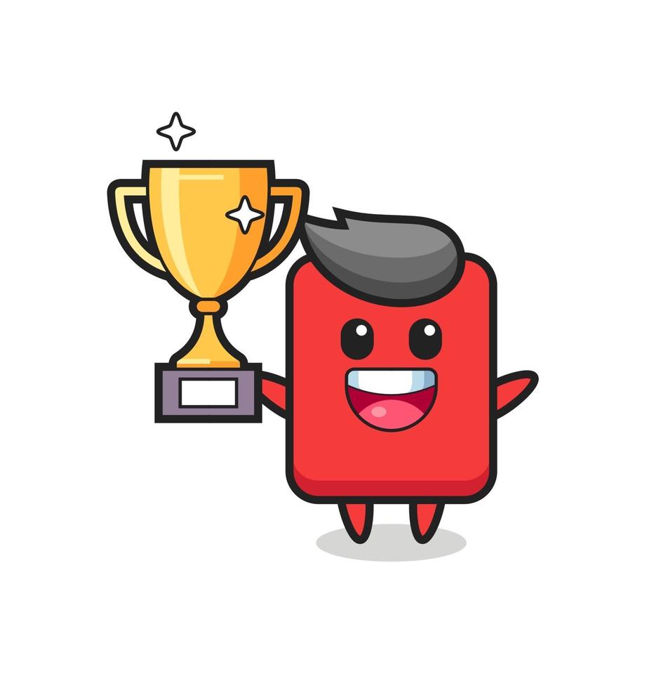 Cartoon Illustration of red card is happy holding up the golden trophy vector