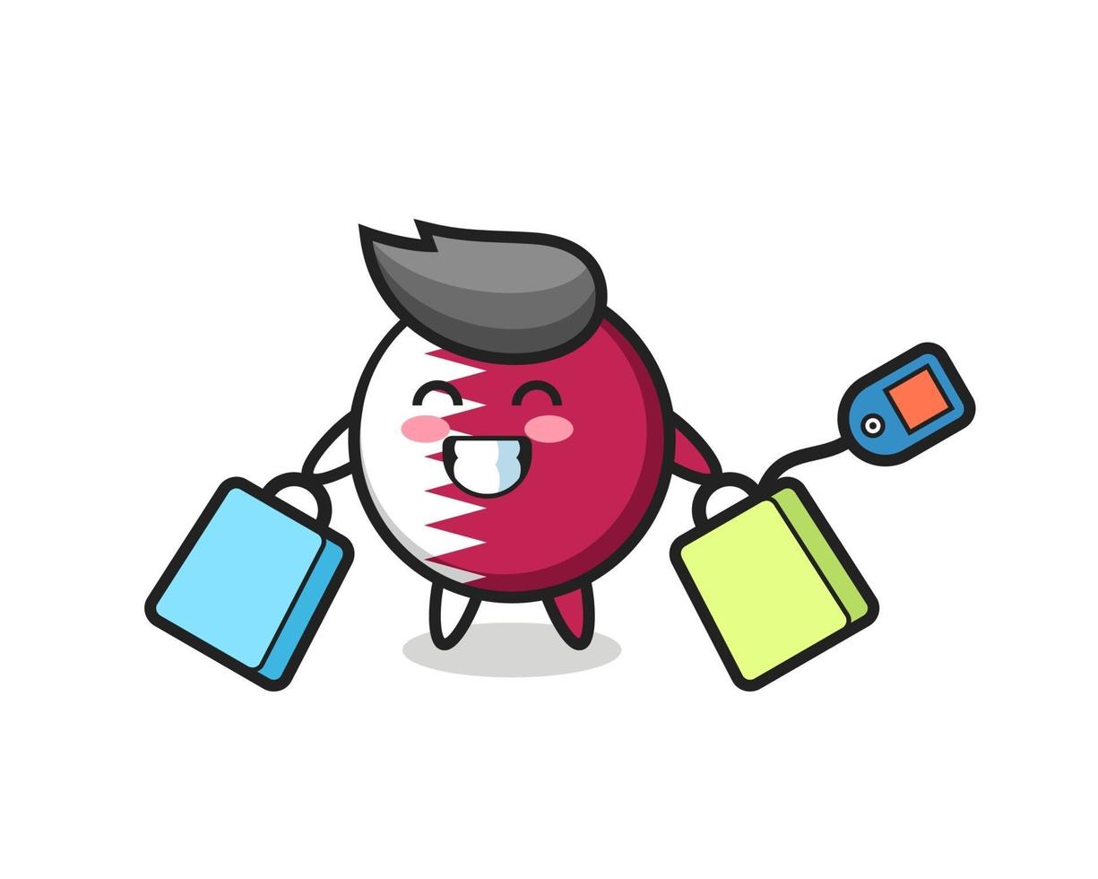 qatar flag badge mascot cartoon holding a shopping bag vector