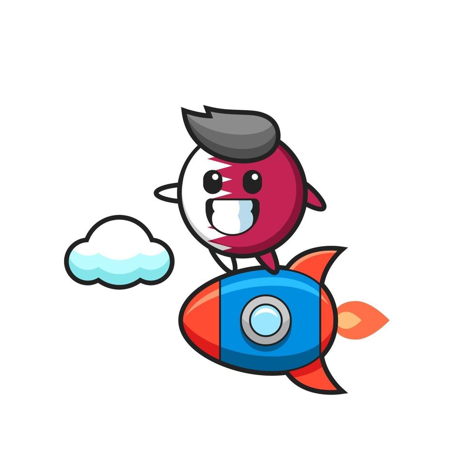 personaje de la mascota de la insignia de la bandera de qatar montando un cohete vector