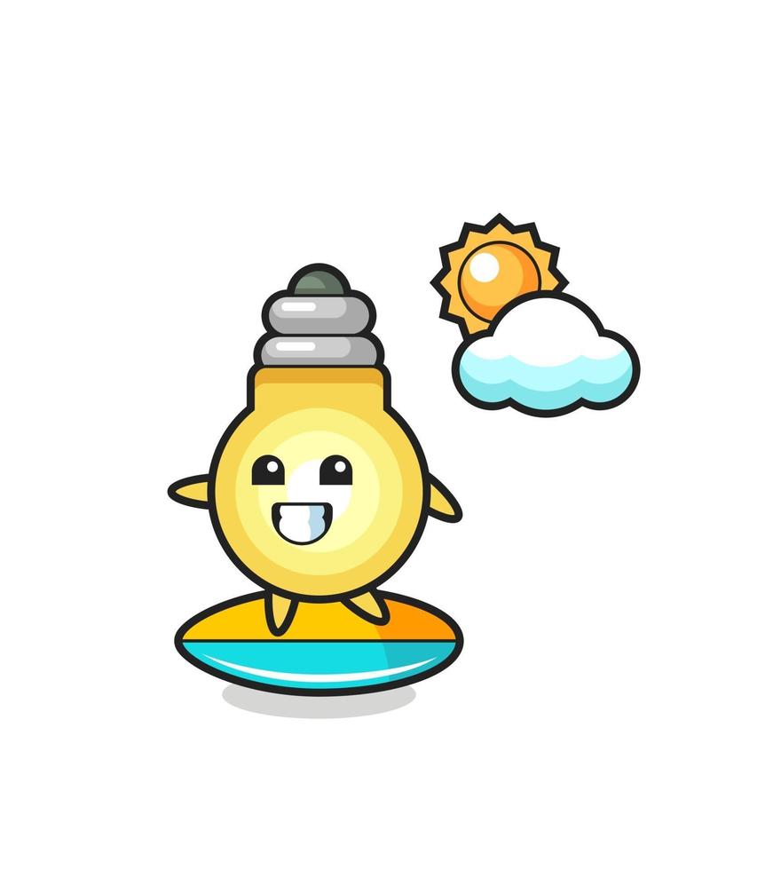 Illustration of light bulb cartoon do surfing on the beach vector