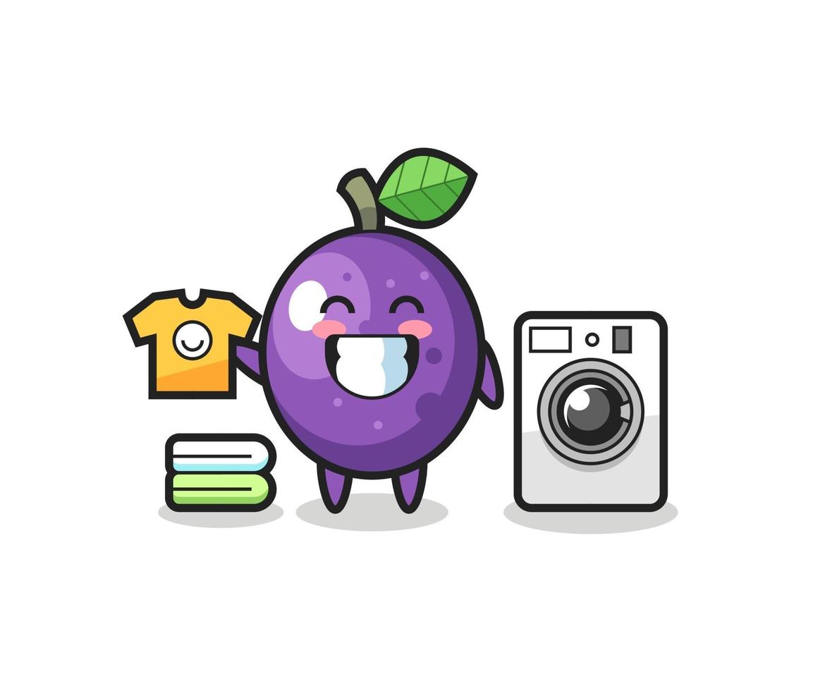 Mascot cartoon of passion fruit with washing machine vector
