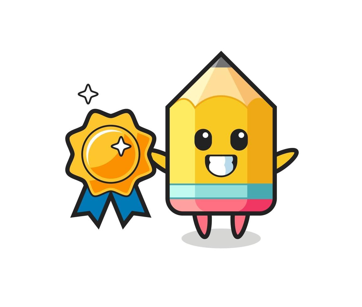 pencil mascot illustration holding a golden badge vector