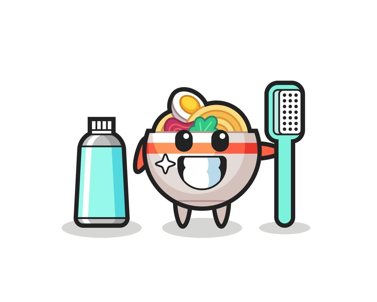 Ilustración de mascota de tazón de fideos con un cepillo de dientes vector