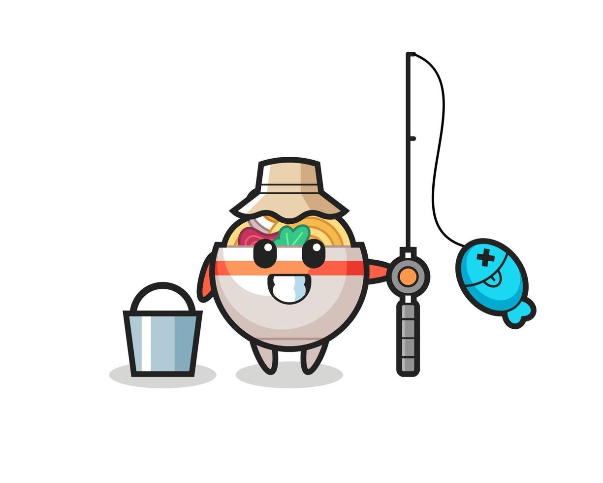 Mascot character of noodle bowl as a fisherman vector