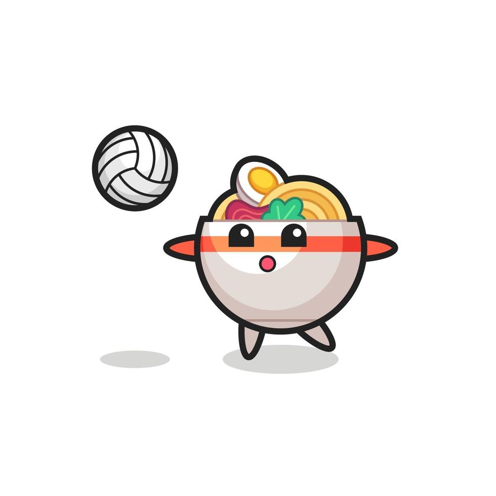 Character cartoon of noodle bowl is playing volleyball vector
