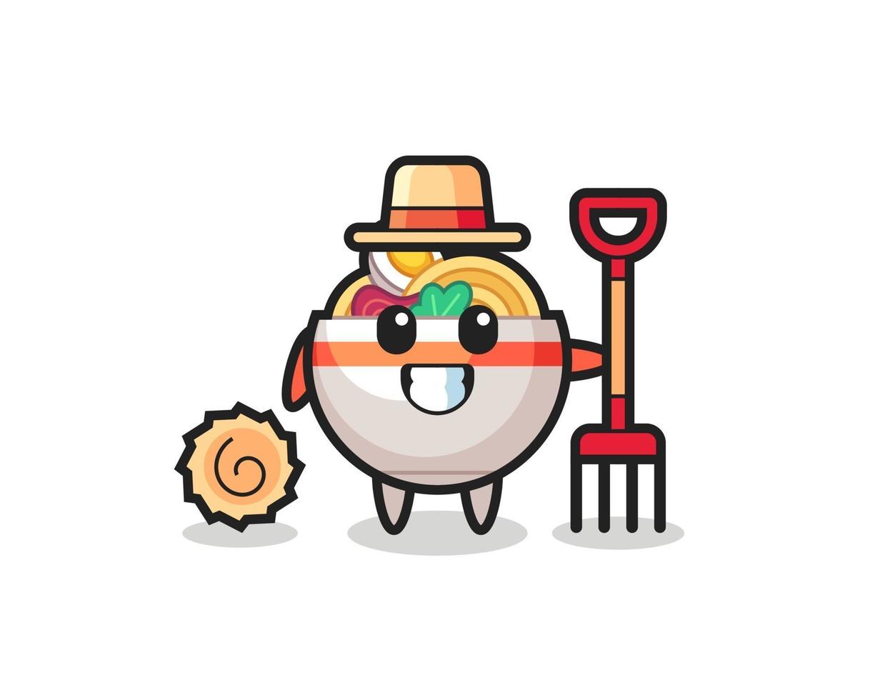 personaje de mascota de tazón de fideos como agricultor vector