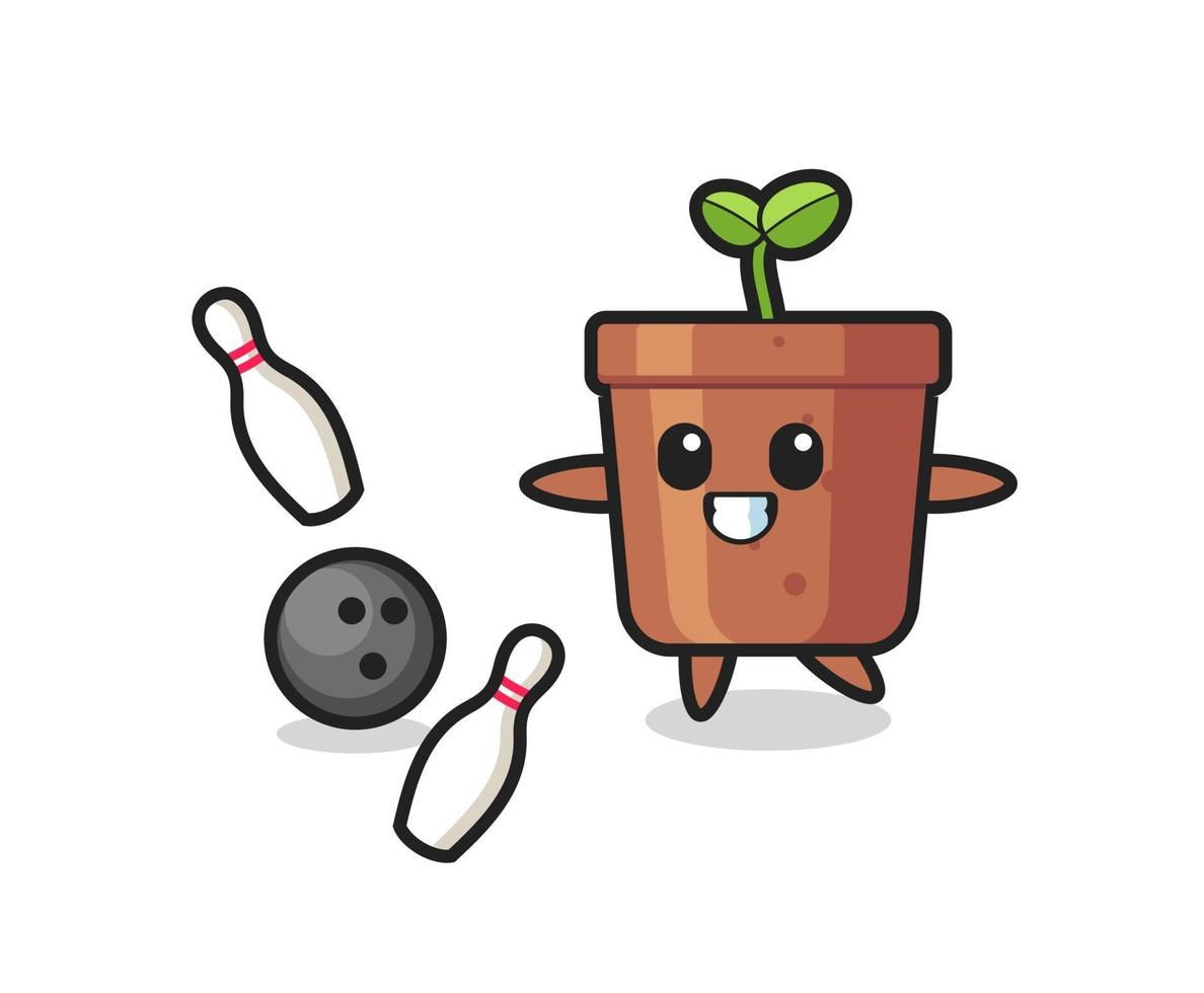 Character cartoon of plant pot is playing bowling vector