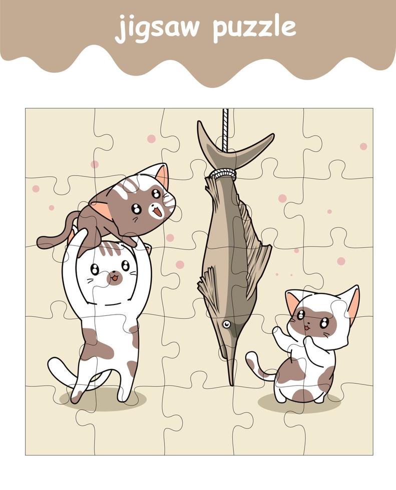 jigsaw puzzle game of cats with giant fish cartoon vector