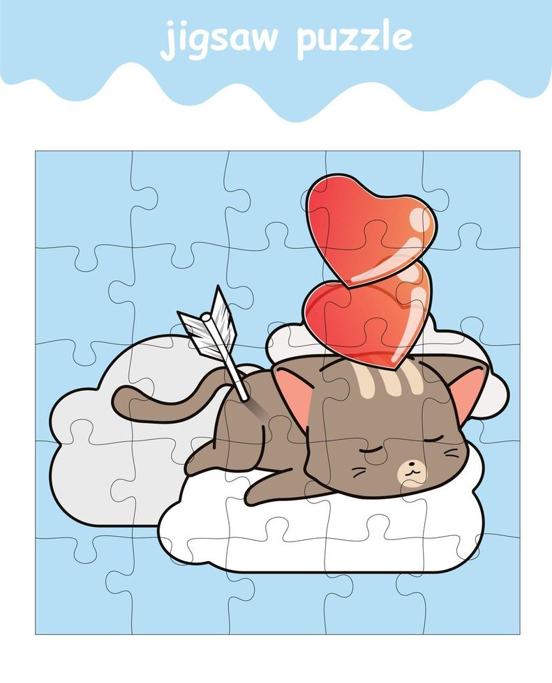 jigsaw puzzle game of cat in cloud with hearts cartoon vector