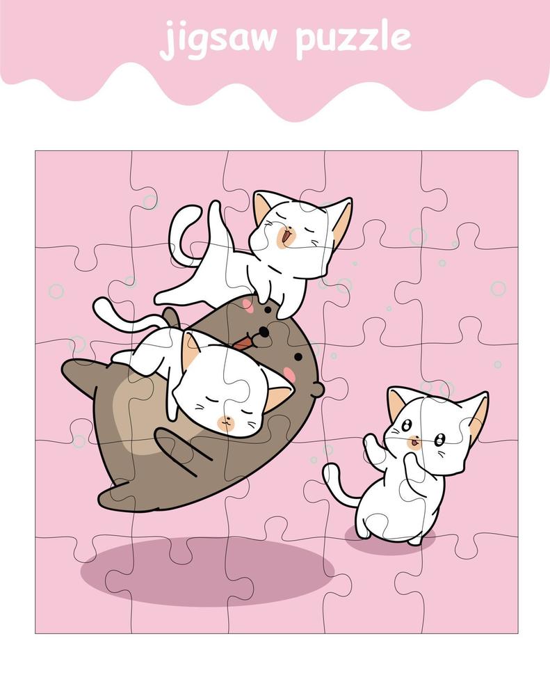 jigsaw puzzle game of bear and 3 cats cartoon vector
