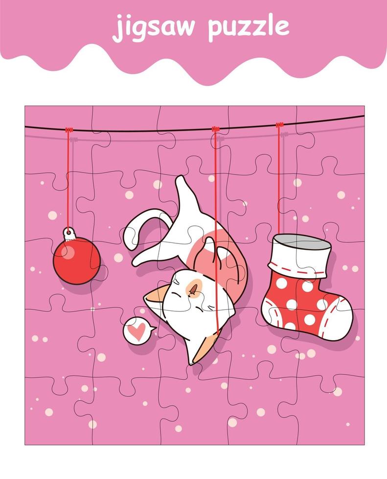 jigsaw puzzle game of cat is hanging rope cartoon vector