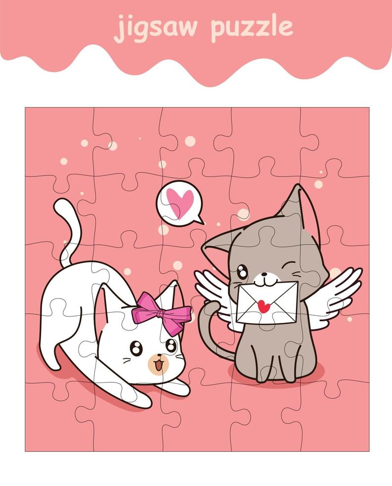 Juego de rompecabezas de pareja amor gato con dibujos animados de carta de amor vector