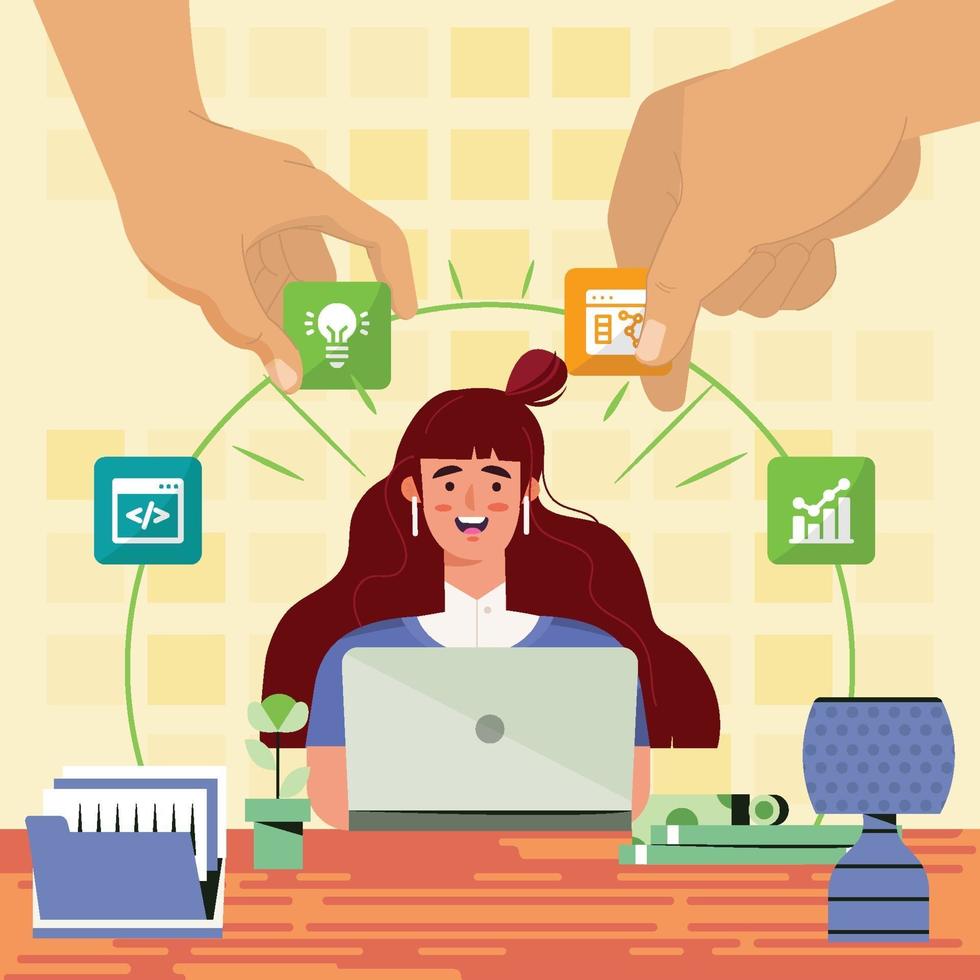 Woman Receive Work Data From Her Colleague Virtually vector