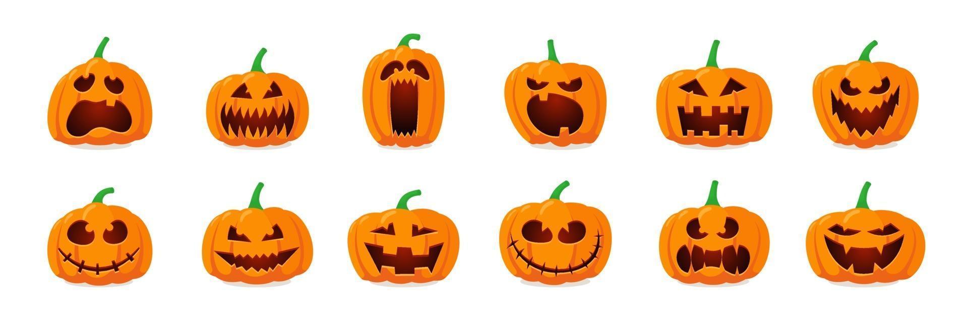 Halloween monster jack lantern orange pumpkin carved scary face set vector