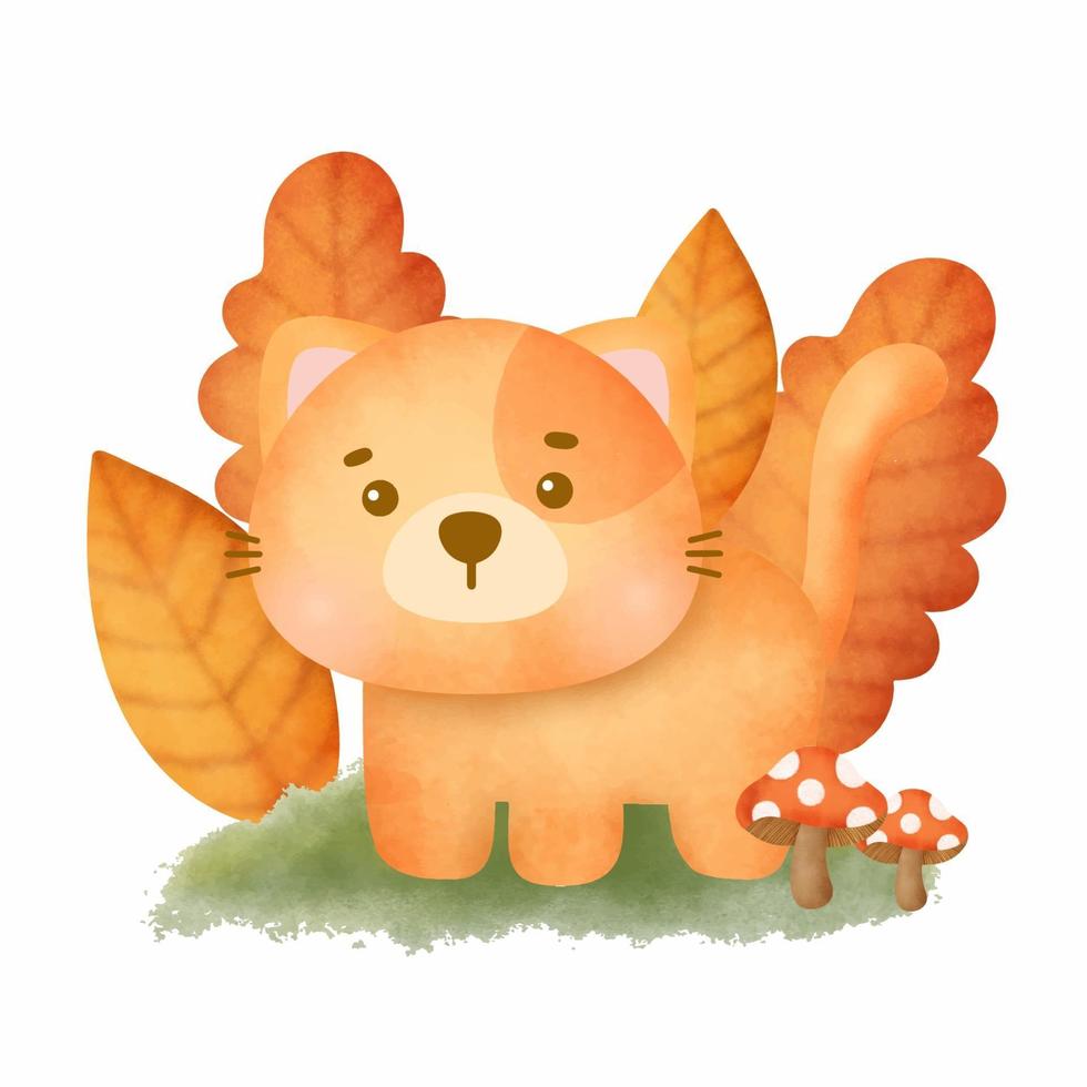 Hand drawn watercolor cute cat in Autumn time. vector