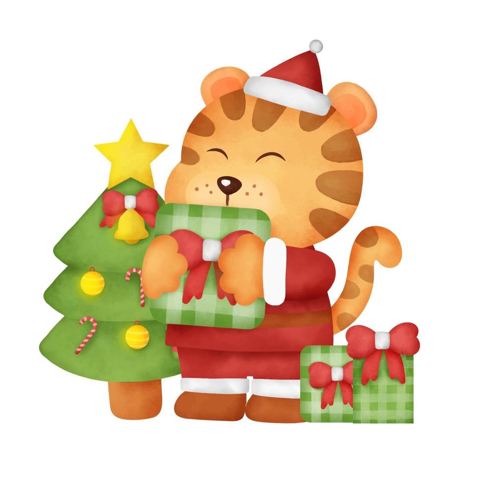 tarjeta de navidad de tigre de acuarela vector