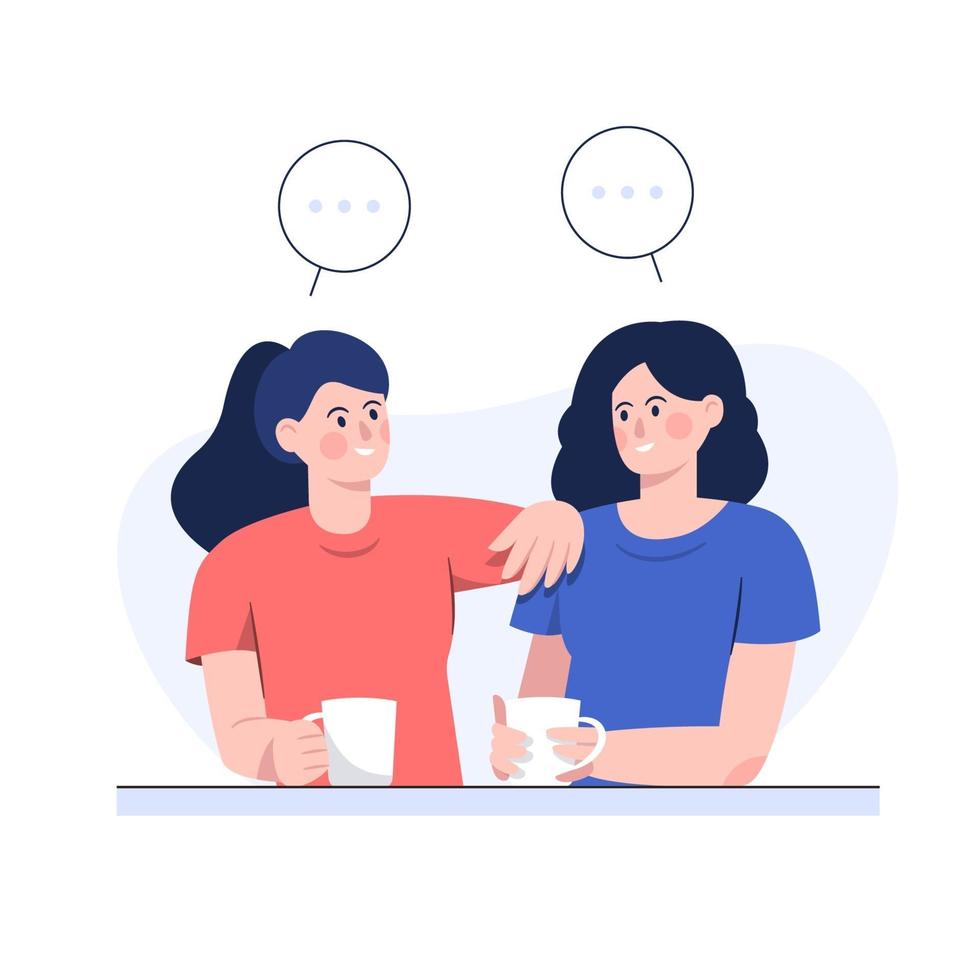 Two female friends talking while having coffee in flat design vector