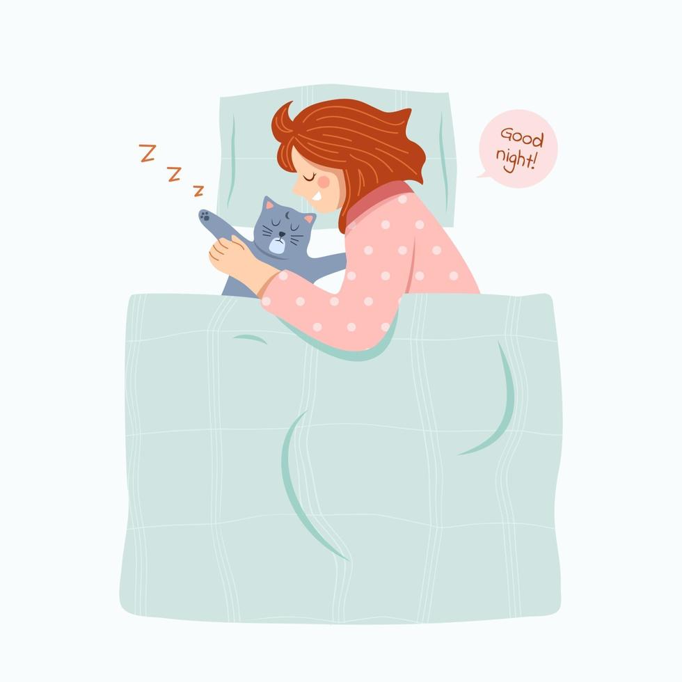 Young girl hugging her cat while sleeping in flat design, cute scene vector