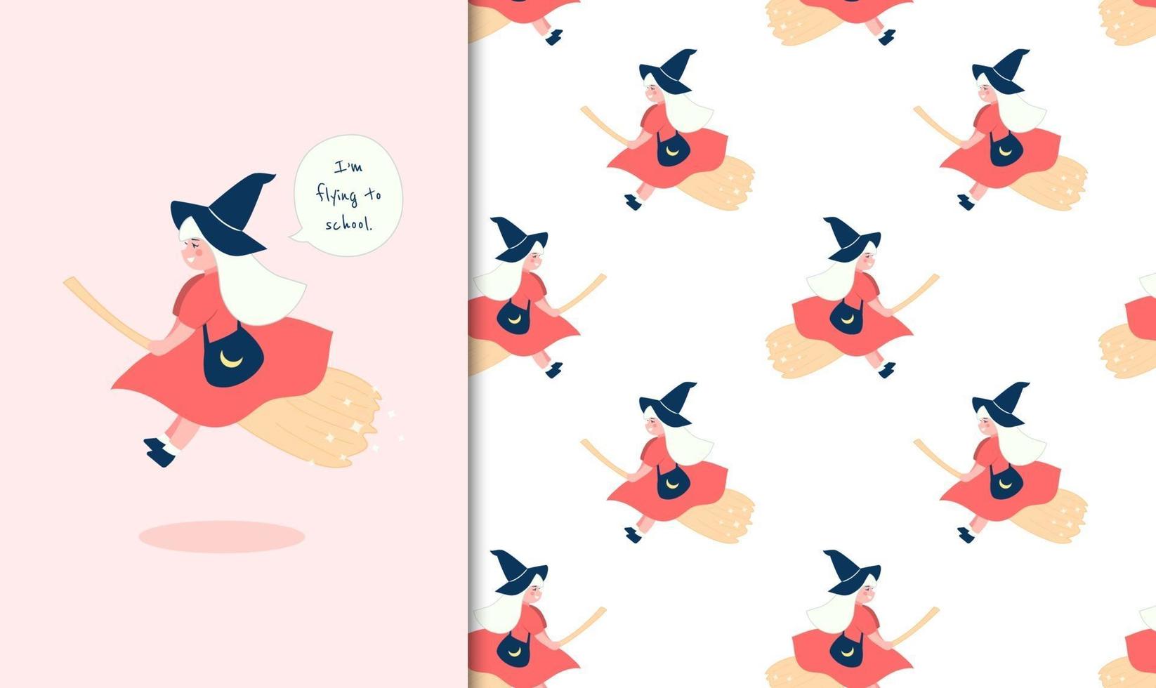 Lovely teen witch flying to school and seamless pattern in flat design vector