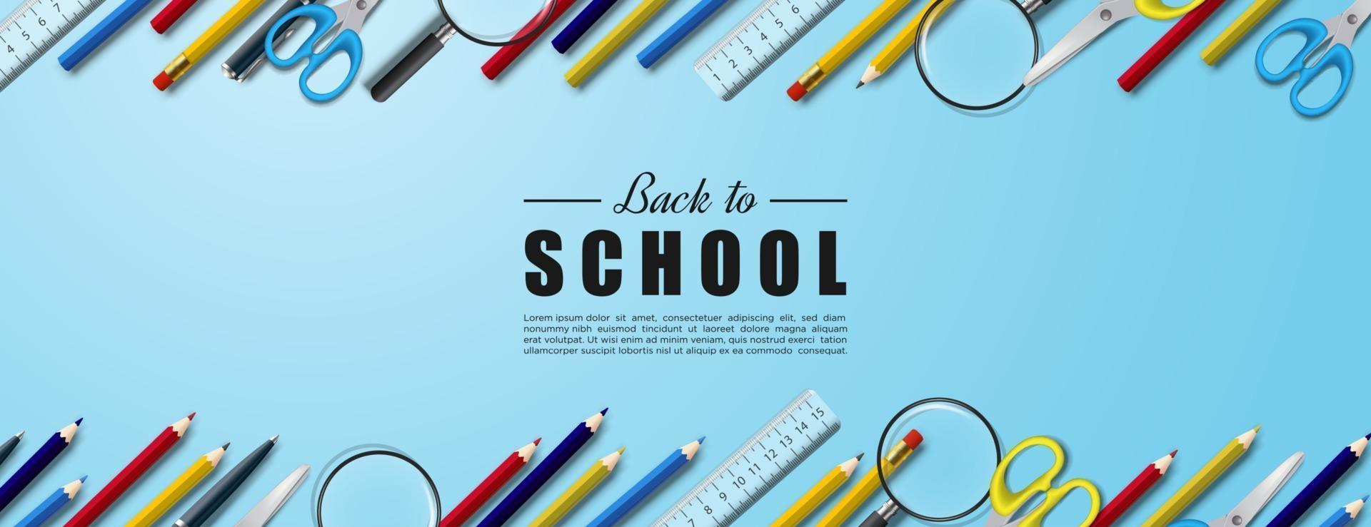 Back to school with school supplies lined up on rectangular background vector