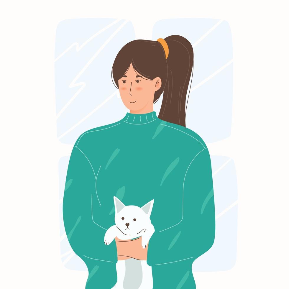 niña abrazando a un gato retrato de feliz dueño de mascota ilustración vector