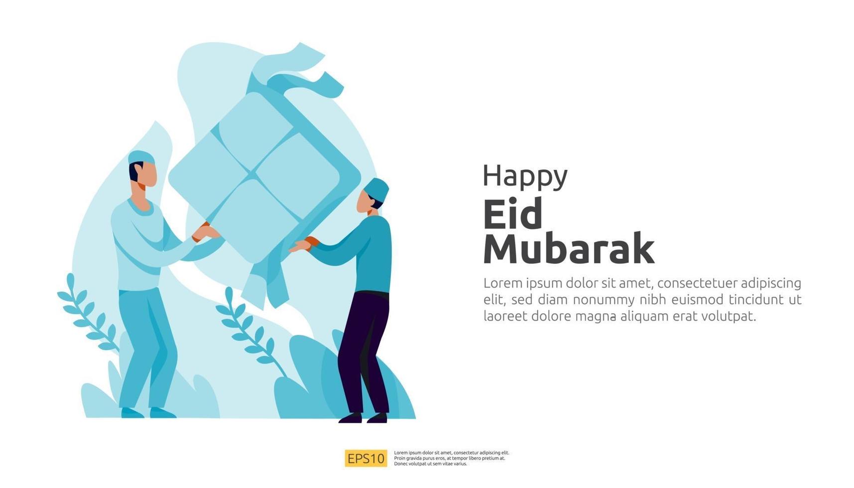 feliz saludo de eid mubarak o ramadán con carácter de personas vector