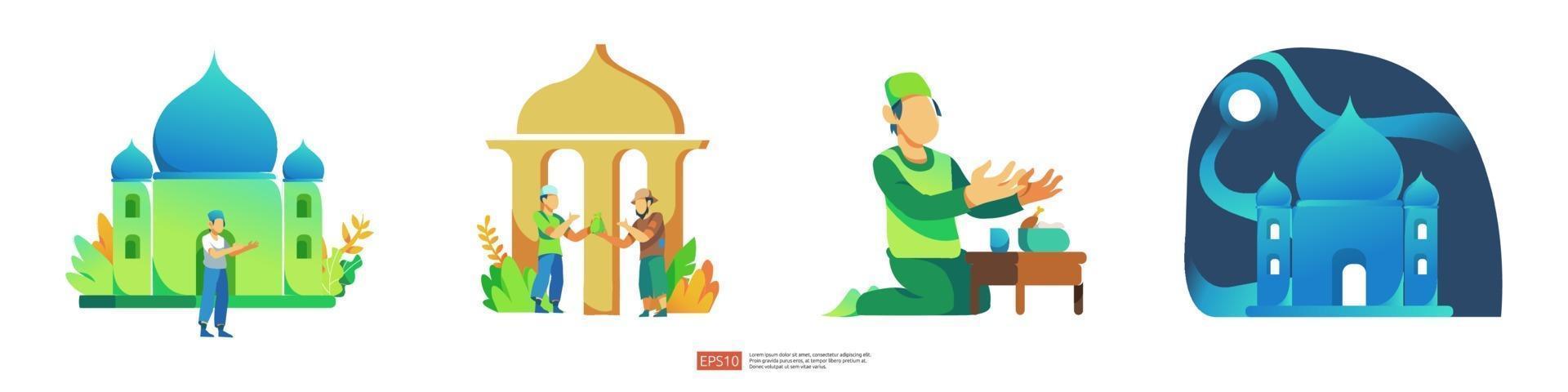 happy ramadan mubarak and islamic eid fitr or adha set flat design vector