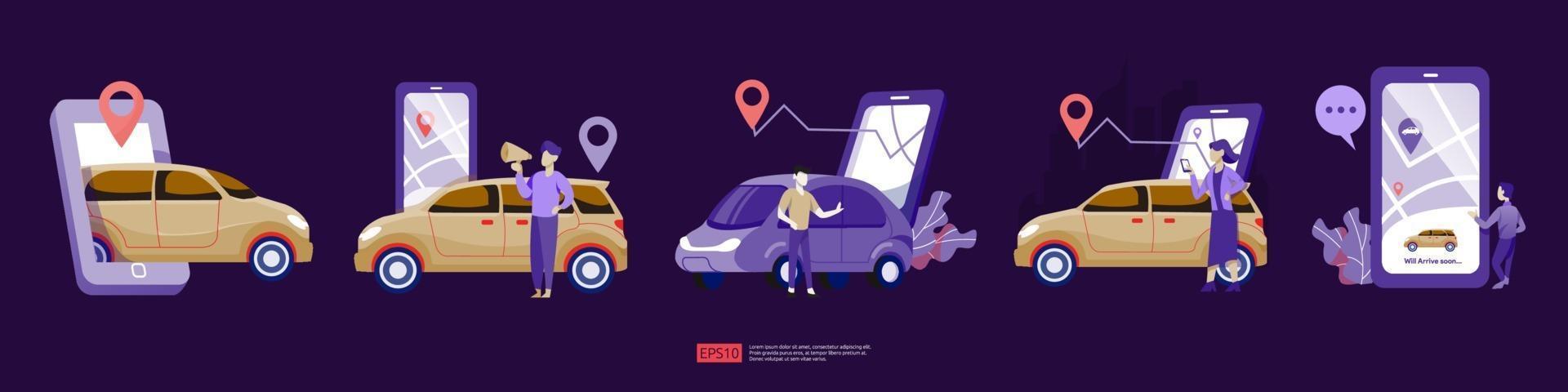 online taxi or rent transportation. Car sharing service set vector