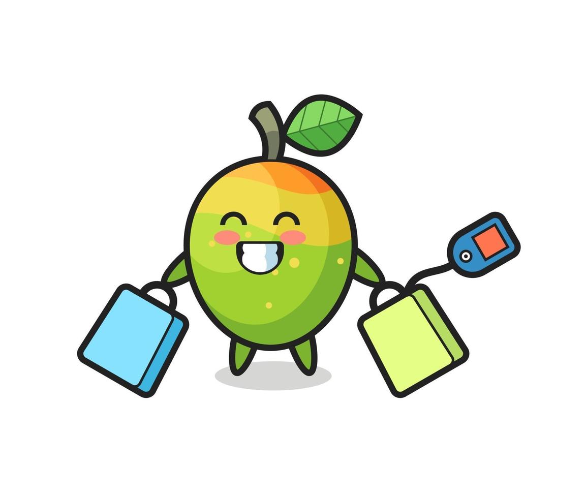 mango mascot cartoon holding a shopping bag vector