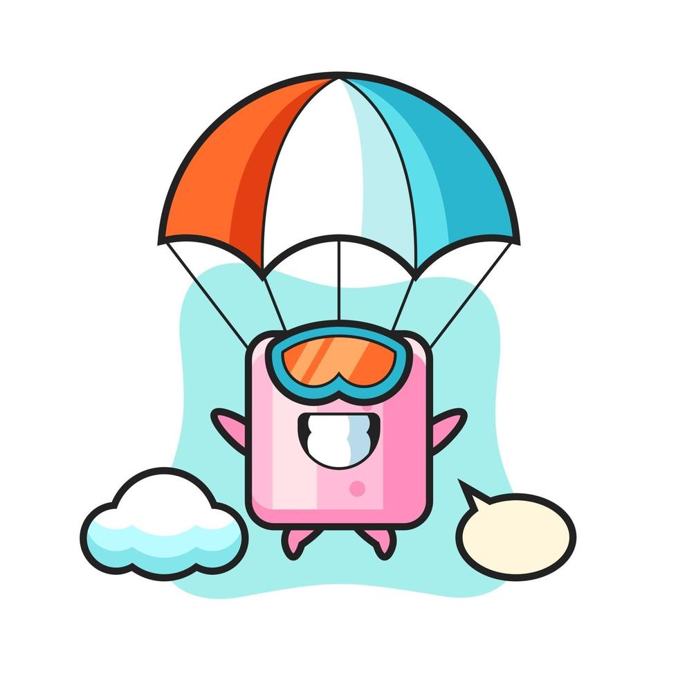 marshmallow mascot cartoon is skydiving with happy gesture vector