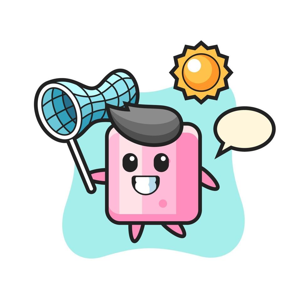 marshmallow mascot illustration is catching butterfly vector