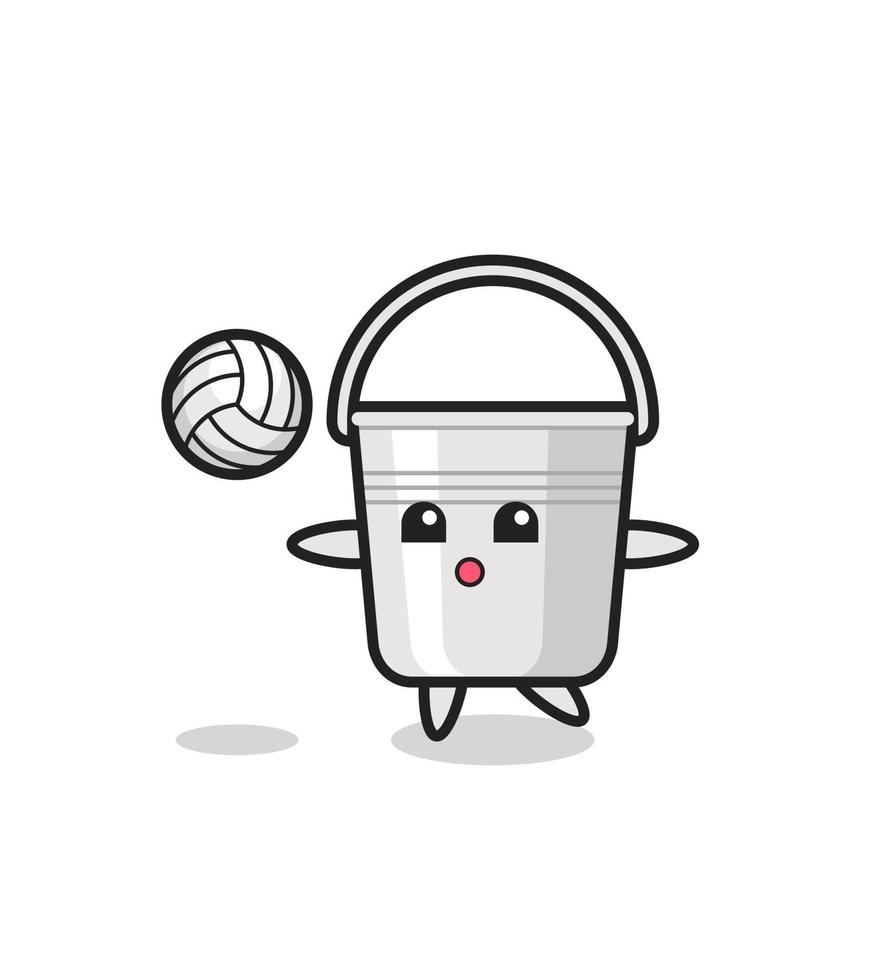 personaje de dibujos animados de cubo de metal está jugando voleibol vector