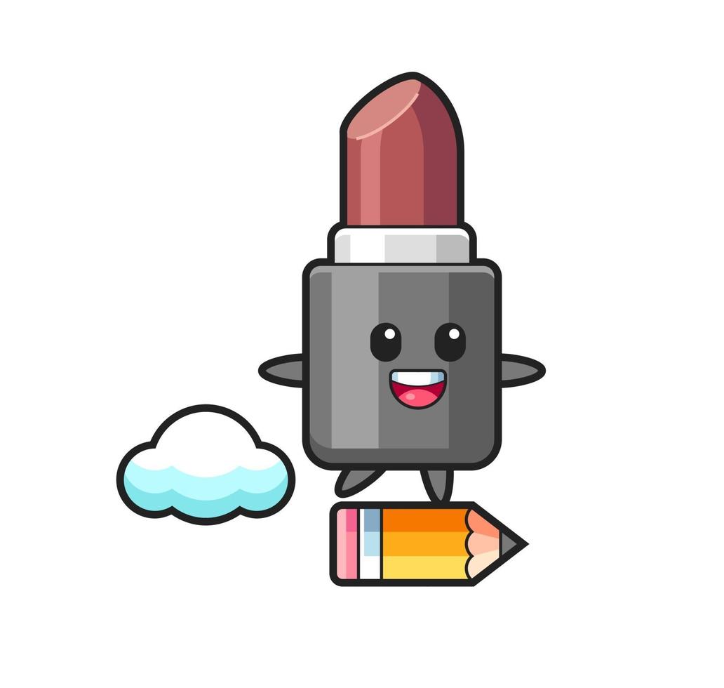 lipstick mascot illustration riding on a giant pencil vector