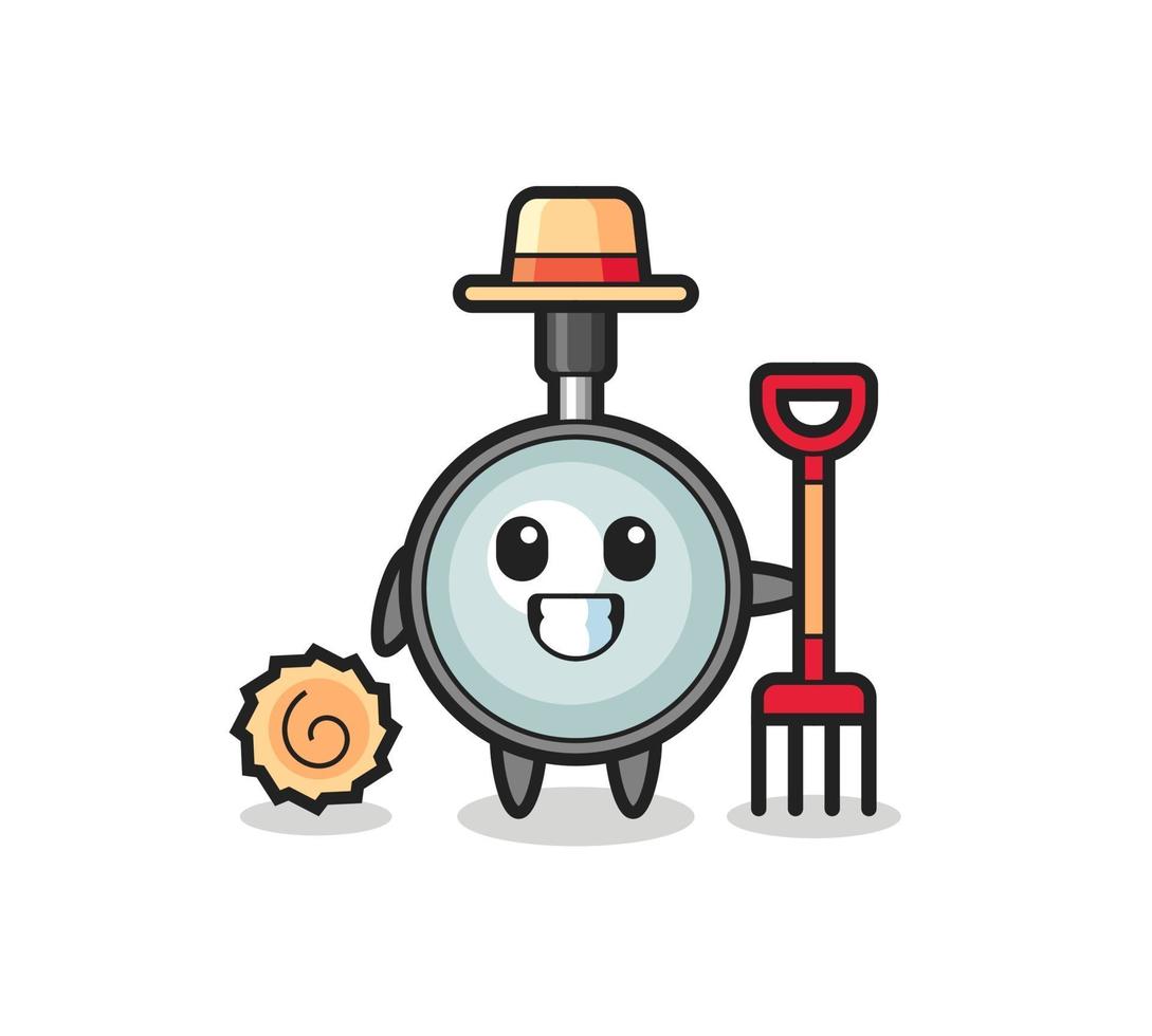 Personaje de mascota de lupa como agricultor. vector