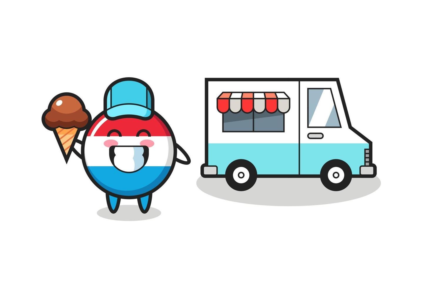 mascota, caricatura, de, luxemburgo, bandera, insignia, con, helado, camión vector