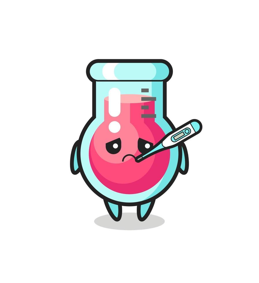 Personaje de mascota de vaso de laboratorio con condición de fiebre. vector
