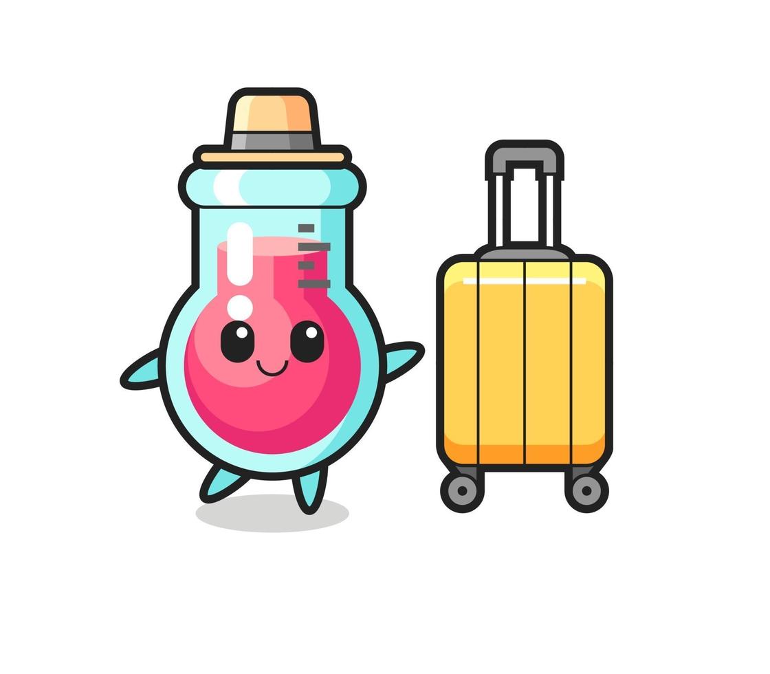 laboratory beaker cartoon illustration with luggage on vacation vector