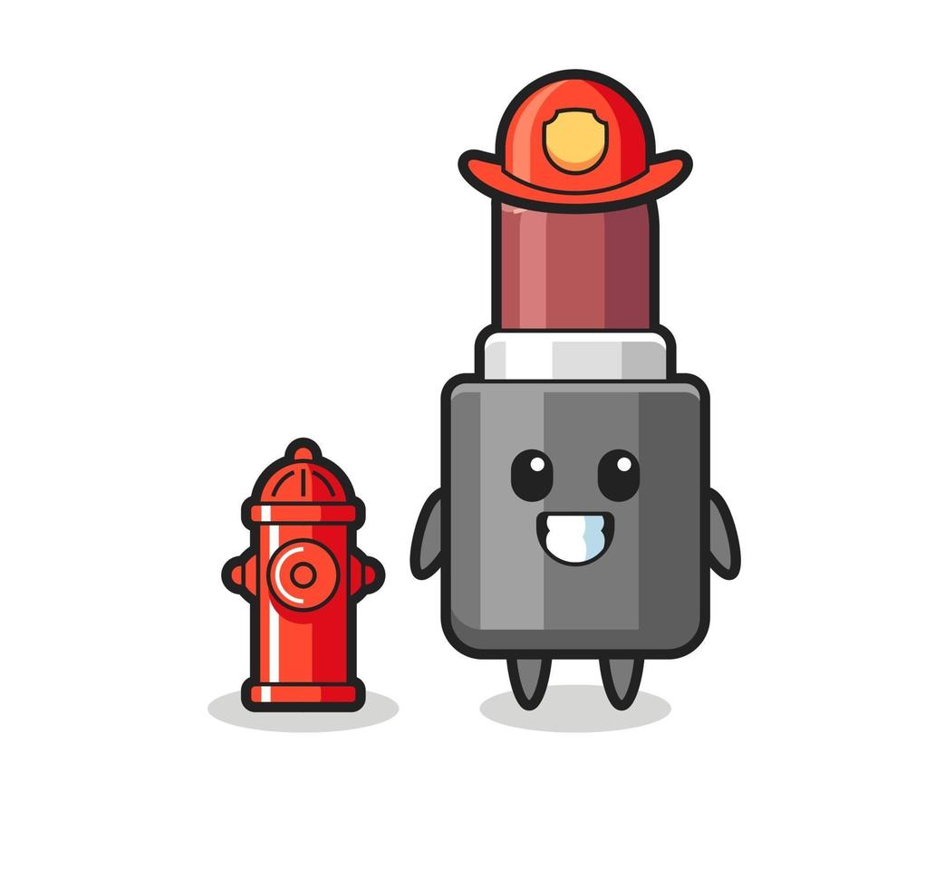 Personaje de mascota de lápiz labial como bombero. vector