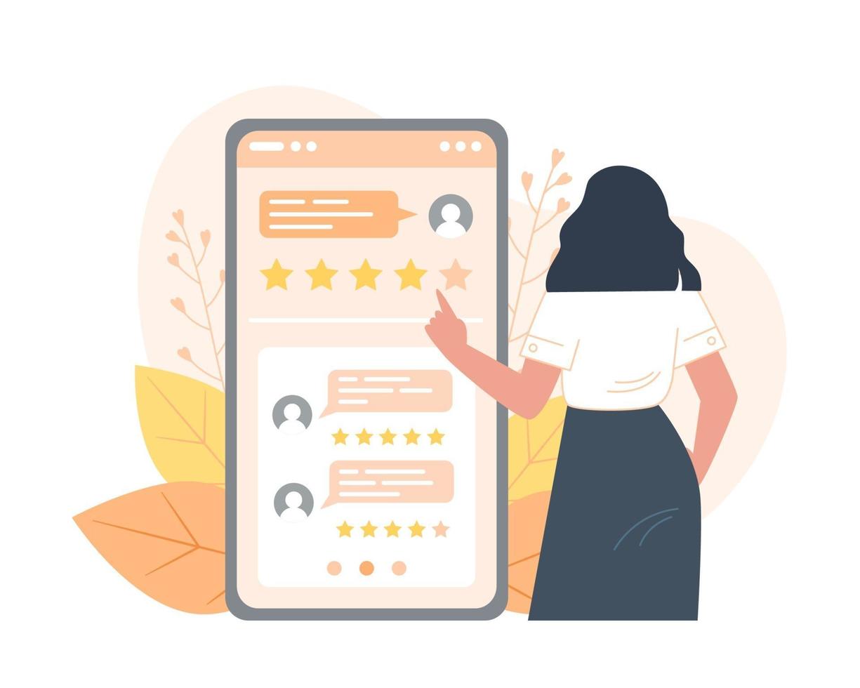 Young woman giving feedback using the mobile app vector
