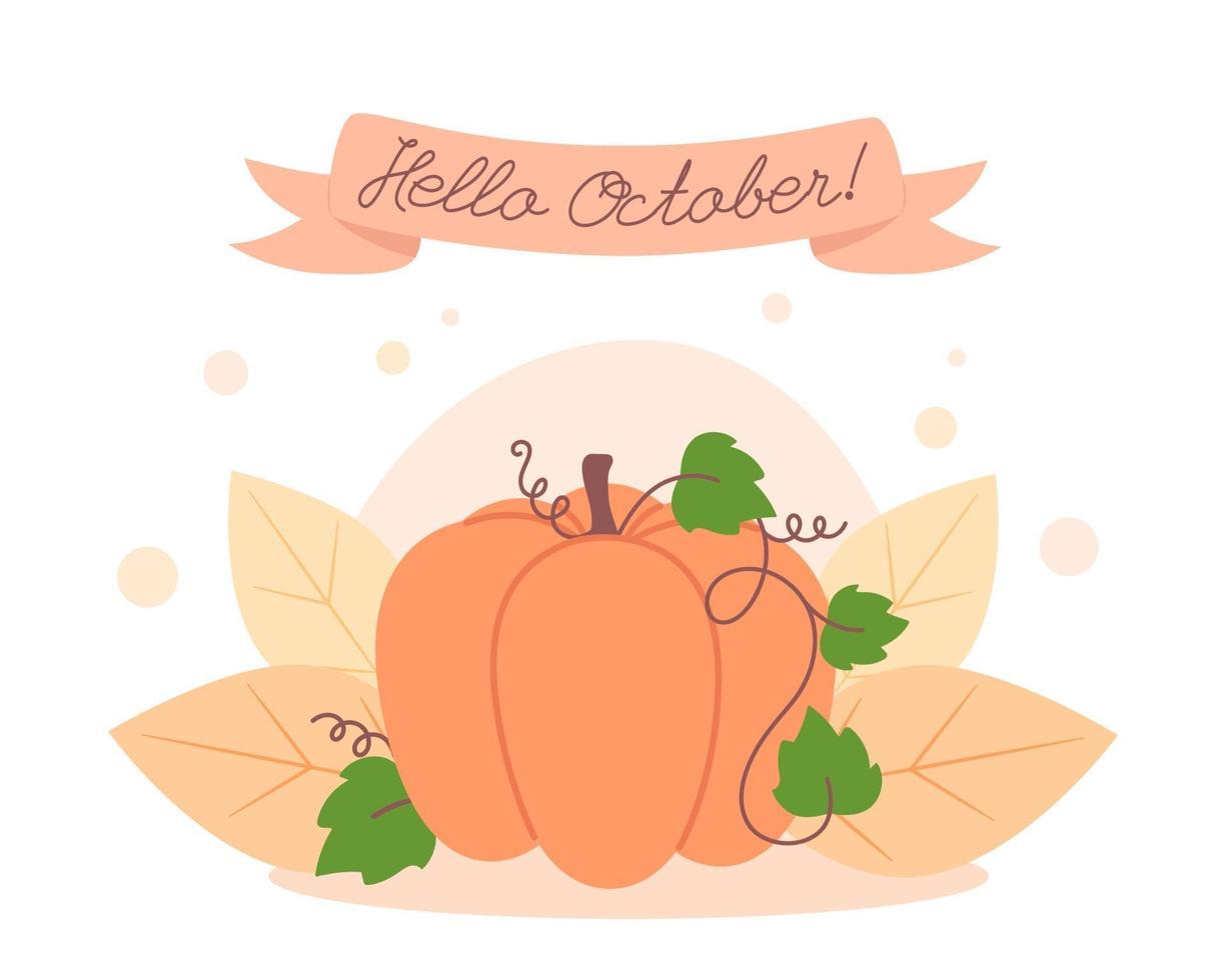 tarjeta de otoño con calabaza, hola octubre vector