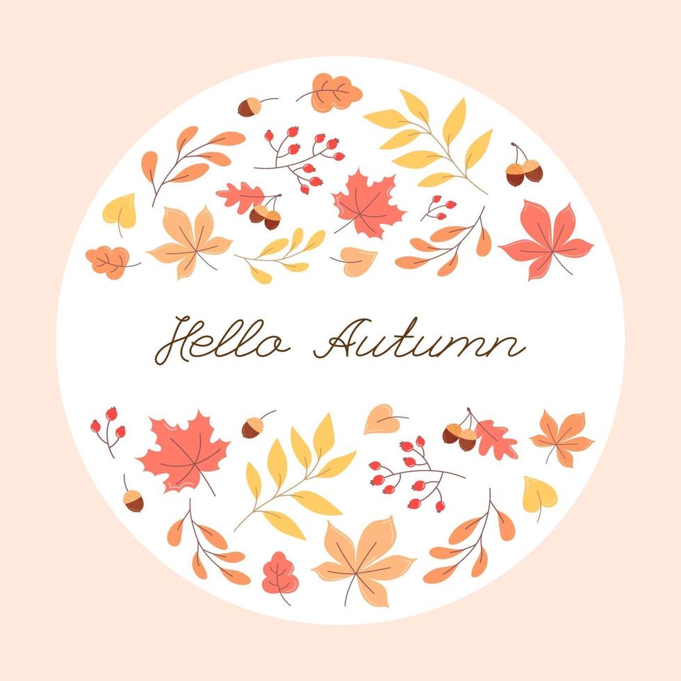 Card of orange leaves and twigs, hello autumn vector