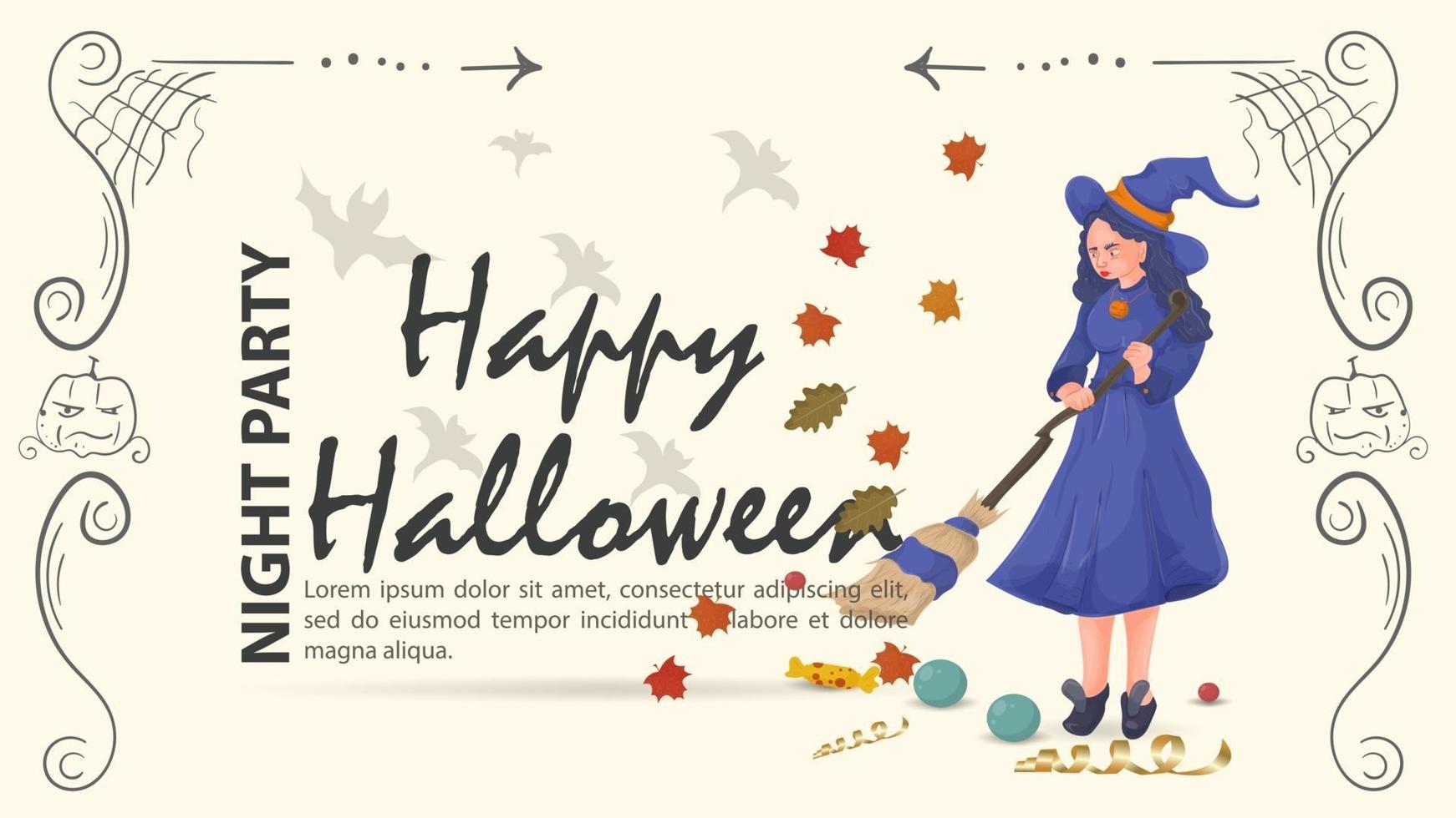 The witch sweeps the leaves for the Halloween vector