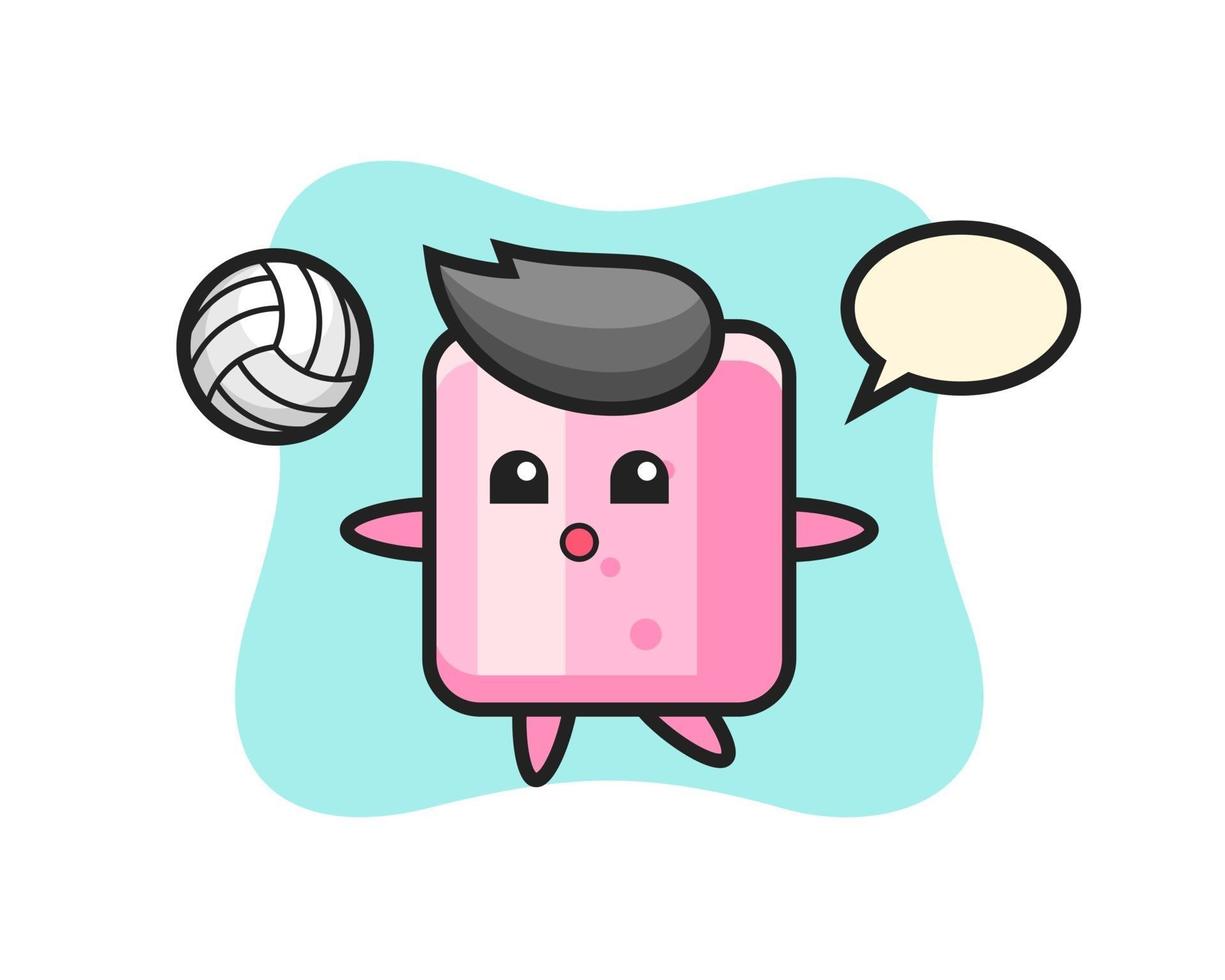 personaje de dibujos animados de malvavisco está jugando voleibol vector