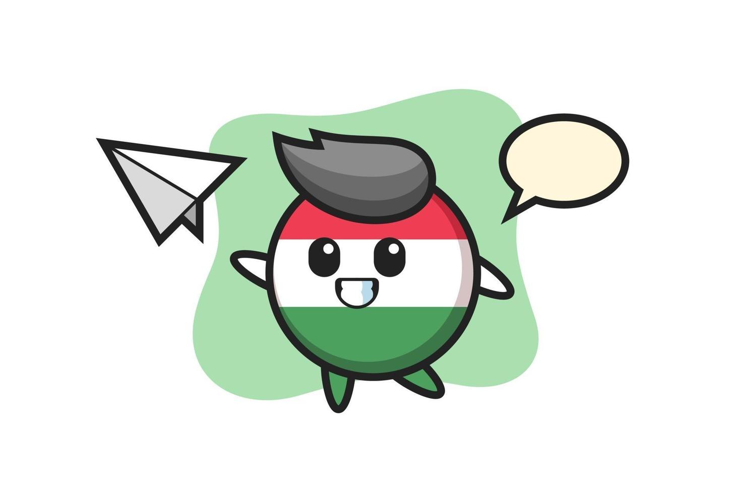 hungary flag badge cartoon character throwing paper airplane vector