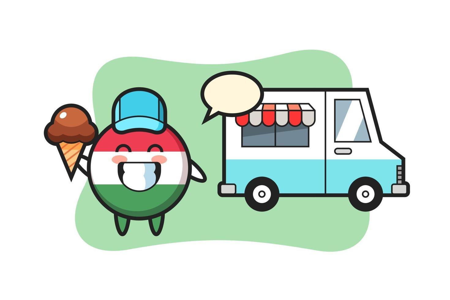 mascota, caricatura, de, hungría, bandera, insignia, con, helado, camión vector
